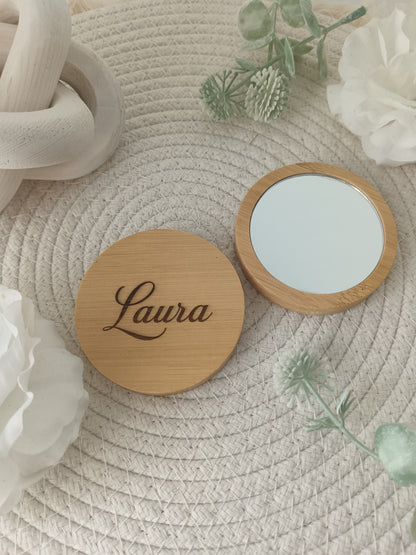 Miroir de poche rond en bambou personnalisé